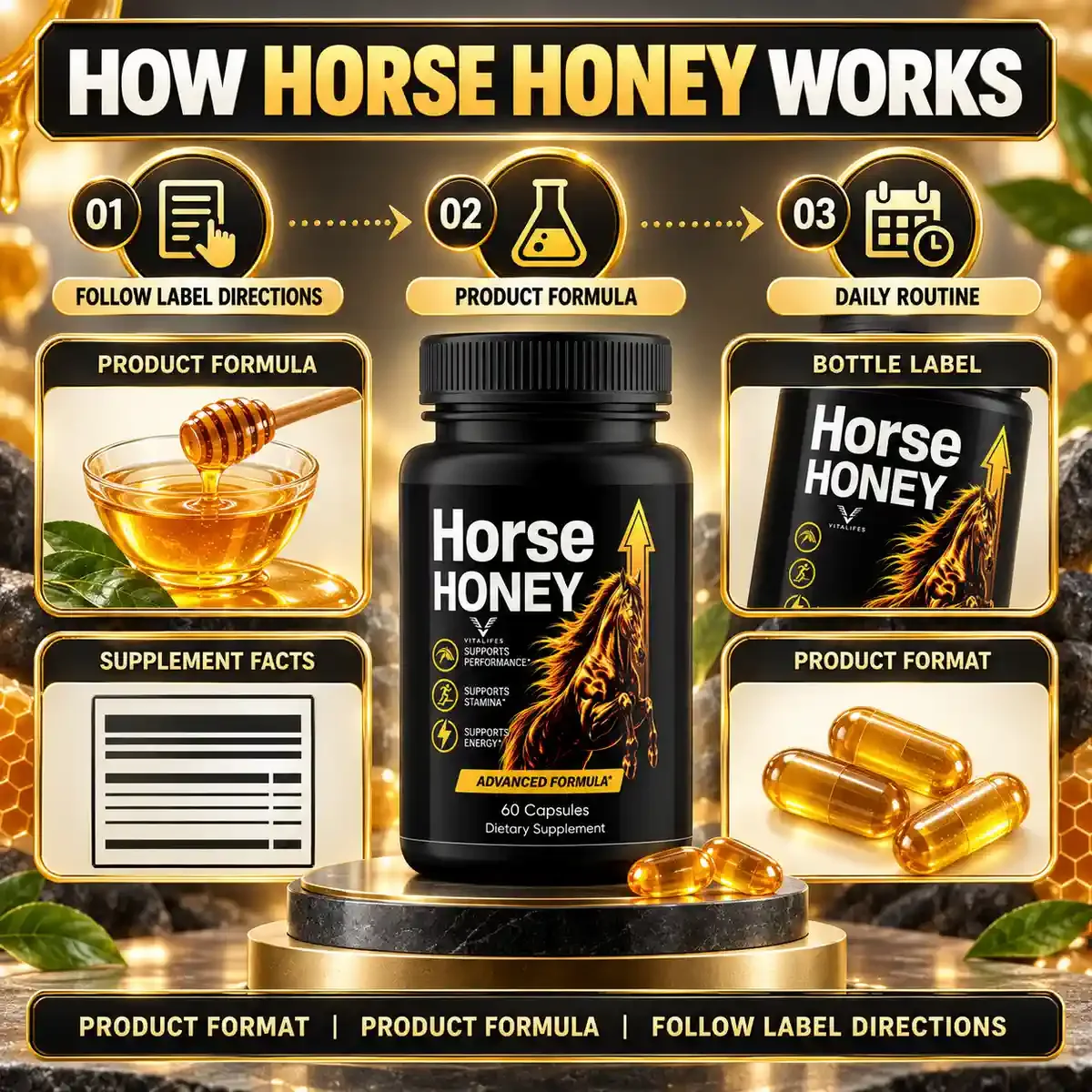 How Horse Honey works: follow label directions, product formula and daily routine