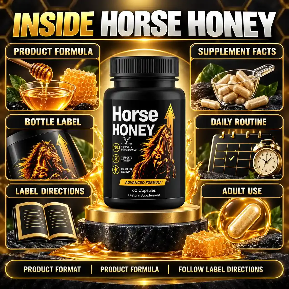 Inside Horse Honey: product formula, supplement facts, bottle label and daily routine overview